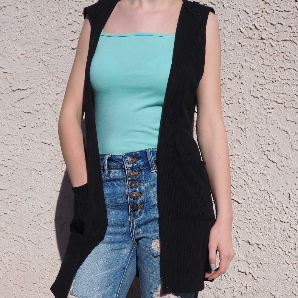 Black Sleeveless Jacket with Hood
